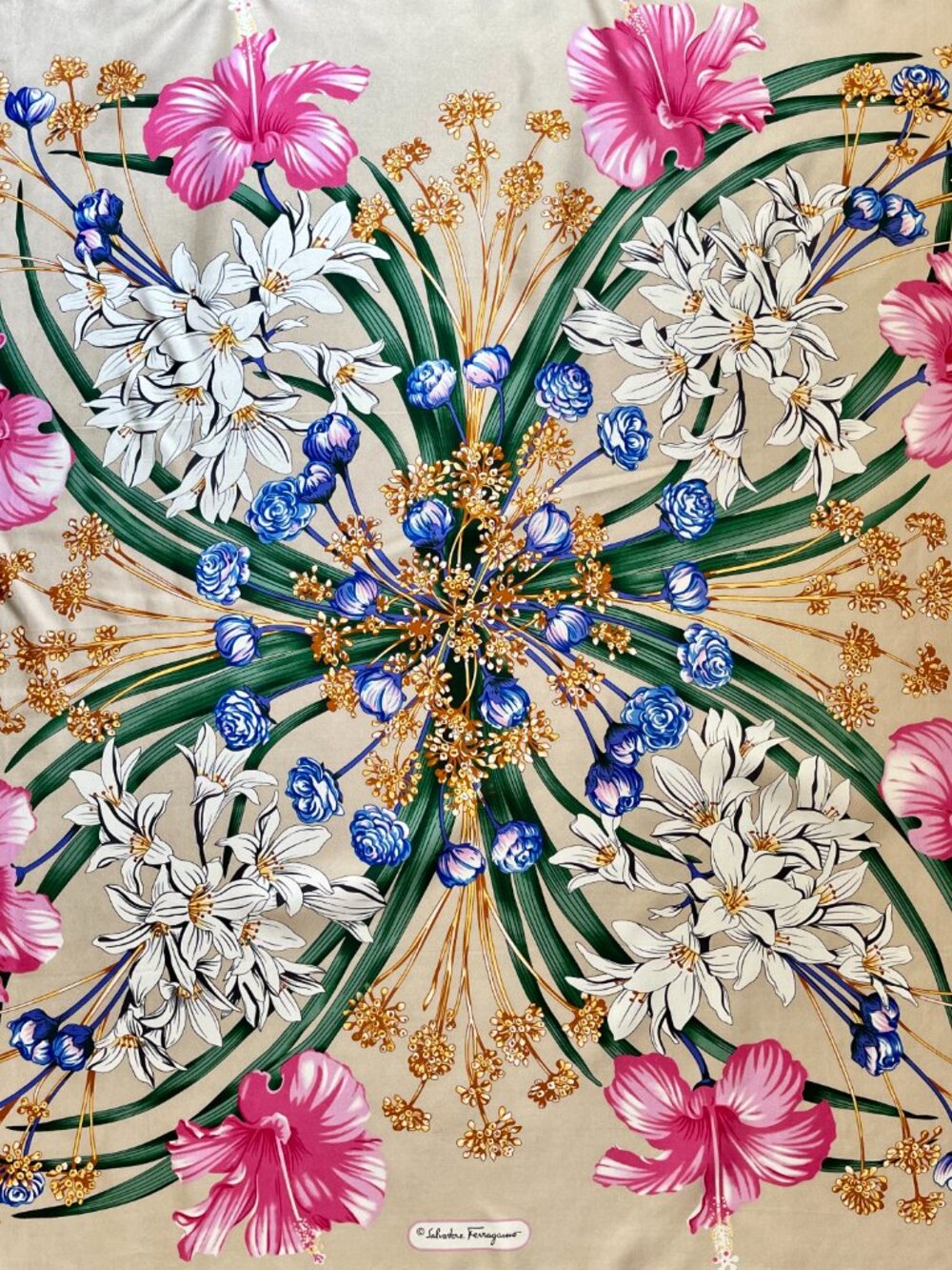 Display #4 Salvatore Ferragamo Pink Floral Silk Scarf with Gold Accents - Picture 6 of 12